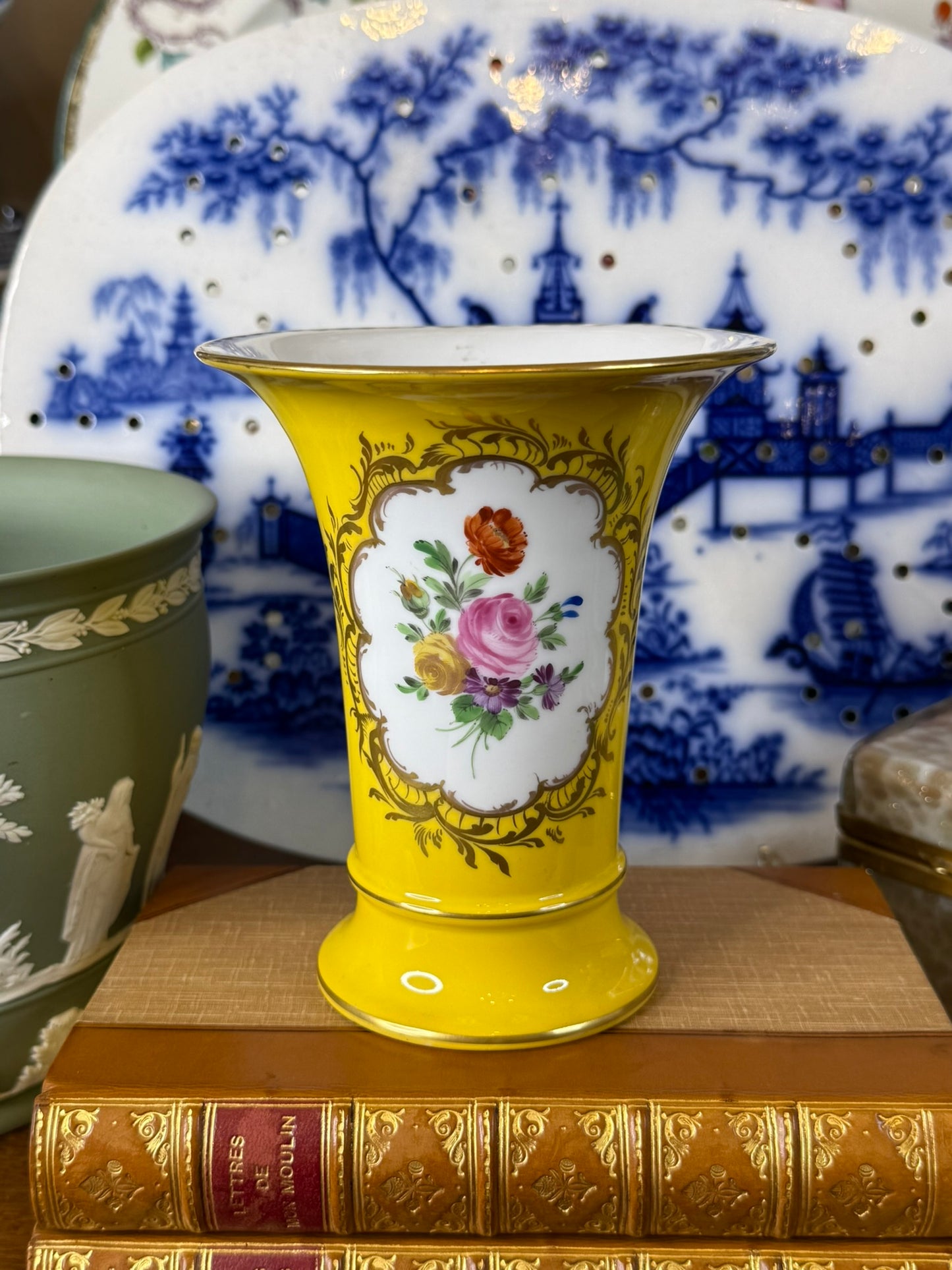 Vintage Dresden Porcelain Cabinet Vase | Yellow Ground with Hand-Painted Floral Cartouches | 5.5" Tall
