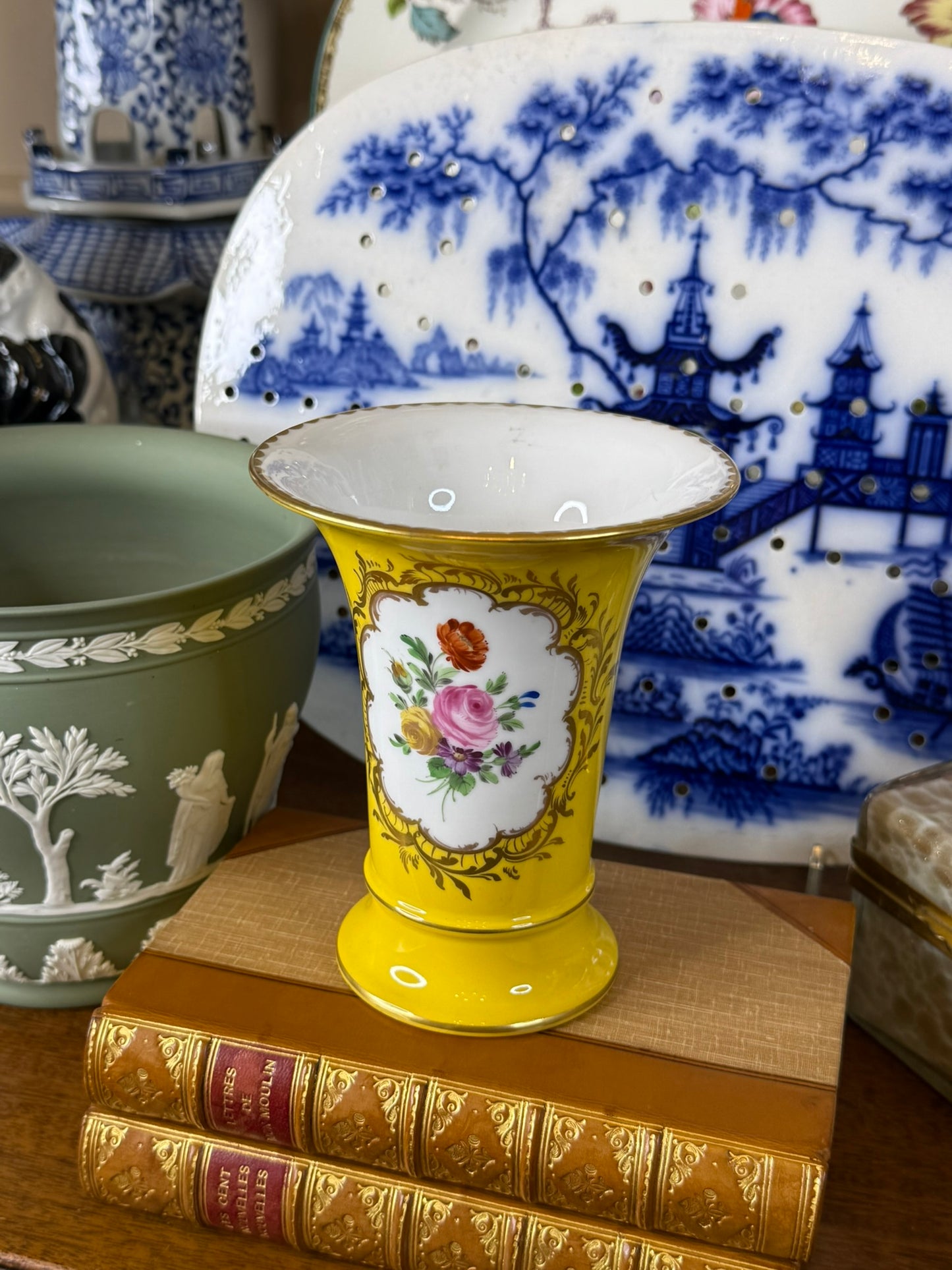 Vintage Dresden Porcelain Cabinet Vase | Yellow Ground with Hand-Painted Floral Cartouches | 5.5" Tall