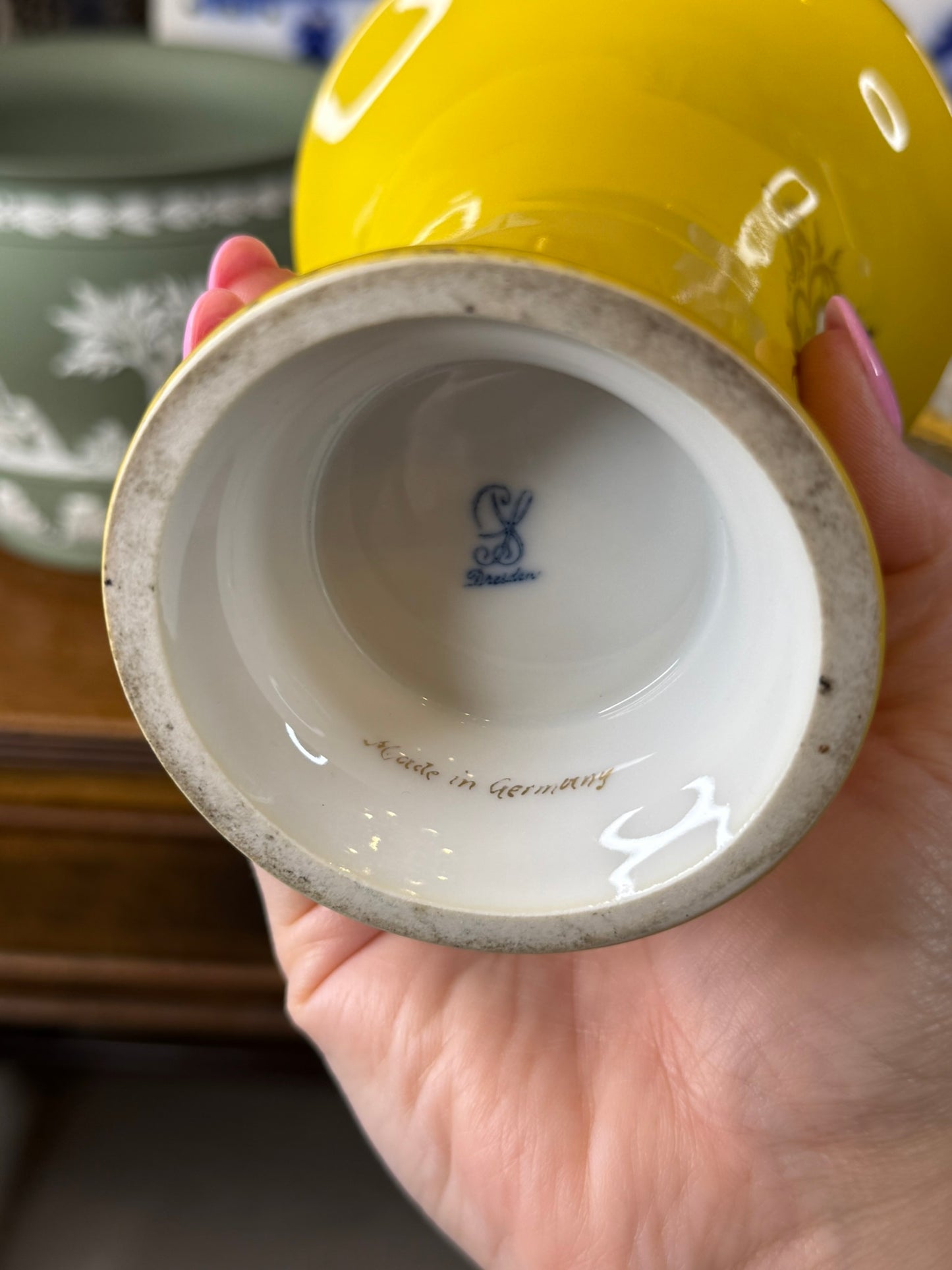 Vintage Dresden Porcelain Cabinet Vase | Yellow Ground with Hand-Painted Floral Cartouches | 5.5" Tall