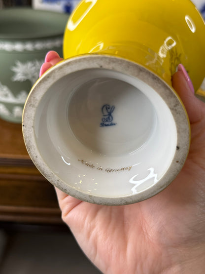Vintage Dresden Porcelain Cabinet Vase | Yellow Ground with Hand-Painted Floral Cartouches | 5.5" Tall
