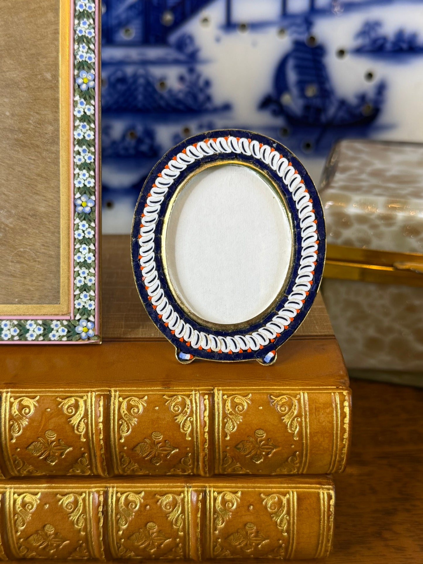 RESERVED - YVONNE - Vintage Italian Micro Mosaic Picture Frame | Cobalt Blue Floral Border | 2.5" x 2"