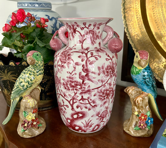 Vintage Chinese Pink & White Pomegranate Handle Vase - Andrea by Sadek