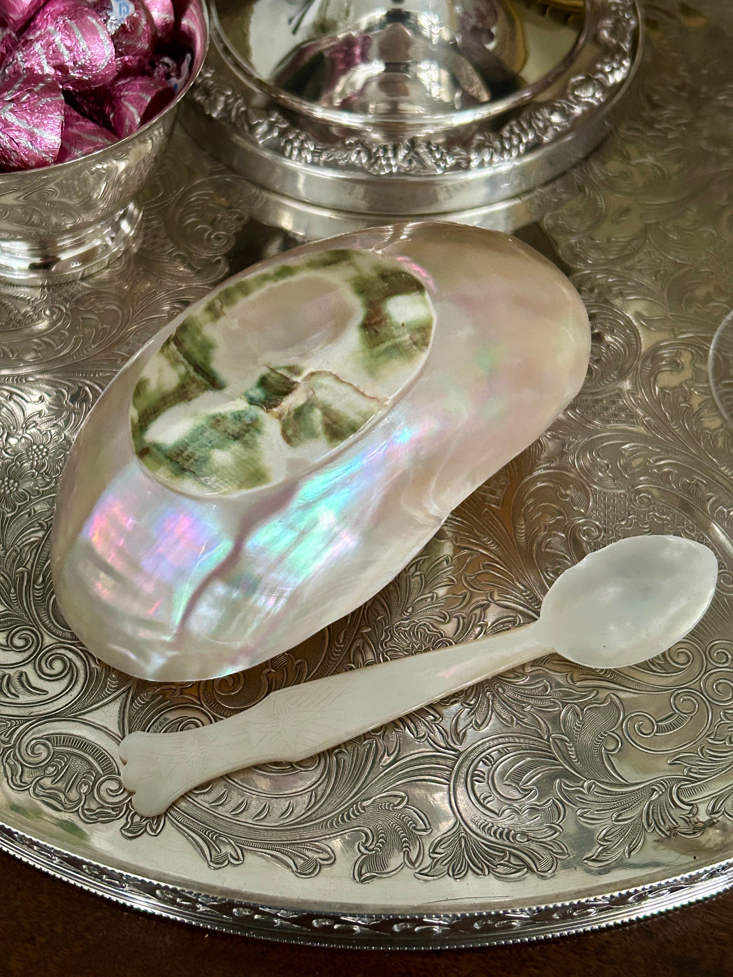 Vintage Carved Abalone Shell Caviar Basket & Matching Spoon