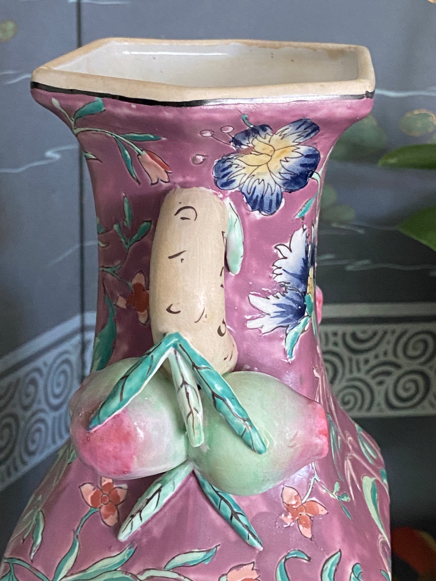 Vintage Chinoiserie Porcelain Pomegranate Handle Vase