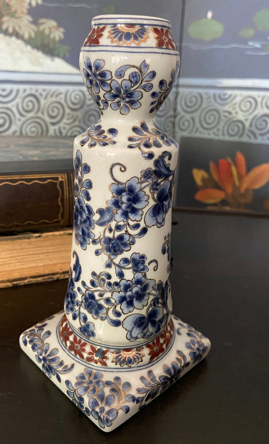 Vintage Chinoiserie Blue & White Porcelain Candlestick