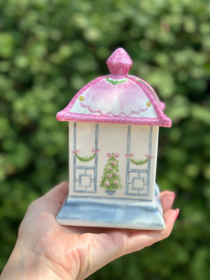 Danny’s Fine Porcelain: Blue & Pink Porcelain Bow Lidded Christmas Candle- 4L X 4W X 6H