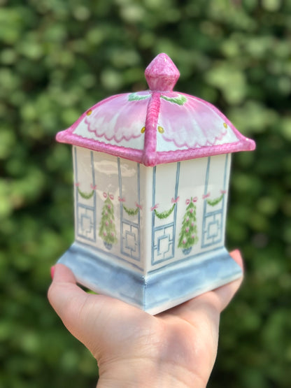 Danny’s Fine Porcelain: Blue & Pink Porcelain Bow Lidded Christmas Candle- 4L X 4W X 6H