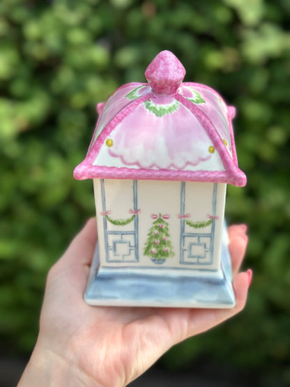 Danny’s Fine Porcelain: Blue & Pink Porcelain Bow Lidded Christmas Candle- 4L X 4W X 6H