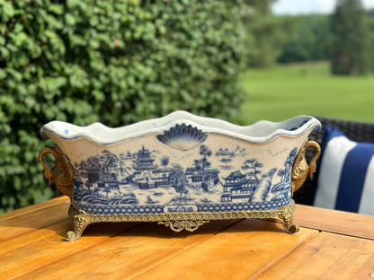 Danny's Fine Porcelain - Bronze Swan Handled Blue & White Oblong Planter - 17Lx6.5Wx6.5H