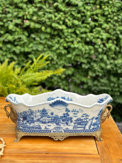 Danny's Fine Porcelain - Bronze Swan Handled Blue & White Oblong Planter - 17Lx6.5Wx6.5H