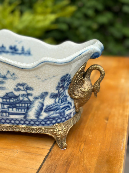 Danny's Fine Porcelain - Bronze Swan Handled Blue & White Oblong Planter - 17Lx6.5Wx6.5H