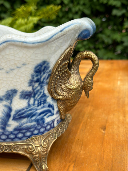 Danny's Fine Porcelain - Bronze Swan Handled Blue & White Oblong Planter - 17Lx6.5Wx6.5H