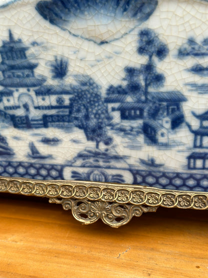 Danny's Fine Porcelain - Bronze Swan Handled Blue & White Oblong Planter - 17Lx6.5Wx6.5H