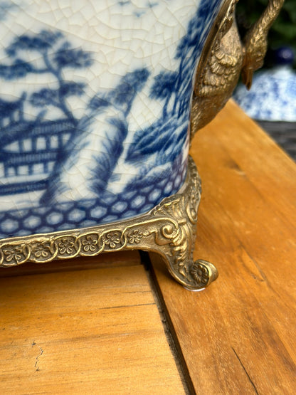 Danny's Fine Porcelain - Bronze Swan Handled Blue & White Oblong Planter - 17Lx6.5Wx6.5H