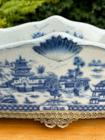 Danny's Fine Porcelain - Bronze Swan Handled Blue & White Oblong Planter - 17Lx6.5Wx6.5H