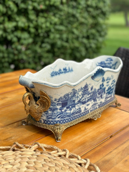 Danny's Fine Porcelain - Bronze Swan Handled Blue & White Oblong Planter - 17Lx6.5Wx6.5H
