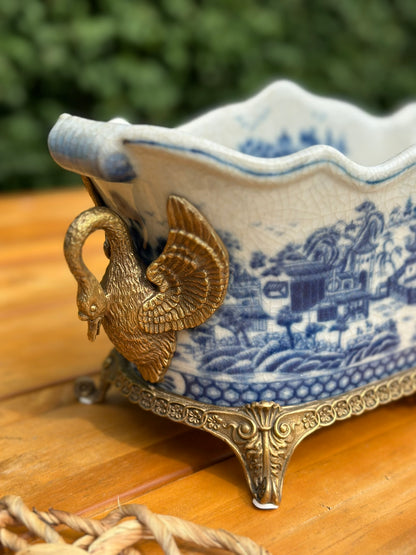 Danny's Fine Porcelain - Bronze Swan Handled Blue & White Oblong Planter - 17Lx6.5Wx6.5H