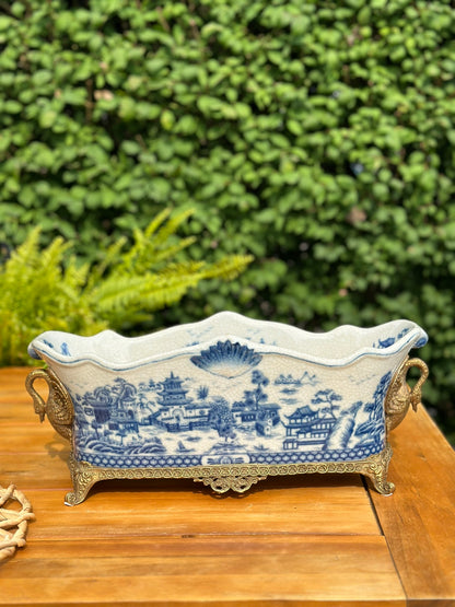 Danny's Fine Porcelain - Bronze Swan Handled Blue & White Oblong Planter - 17Lx6.5Wx6.5H