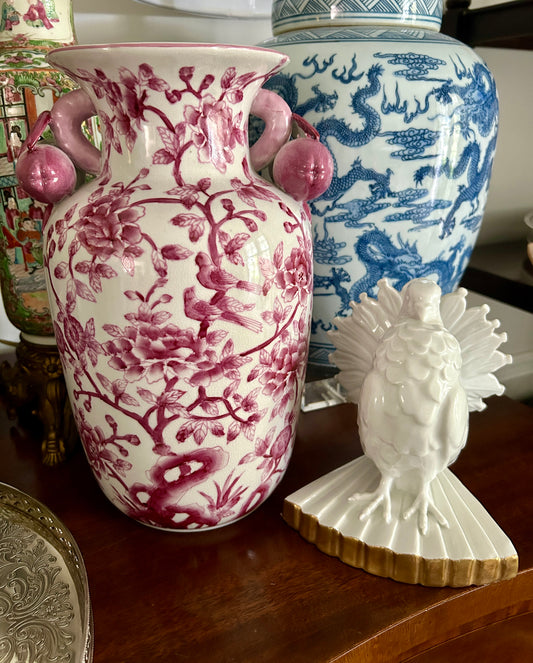 Vintage Chinese Pink & White Pomegranate Handle Vase - Andrea by Sadek