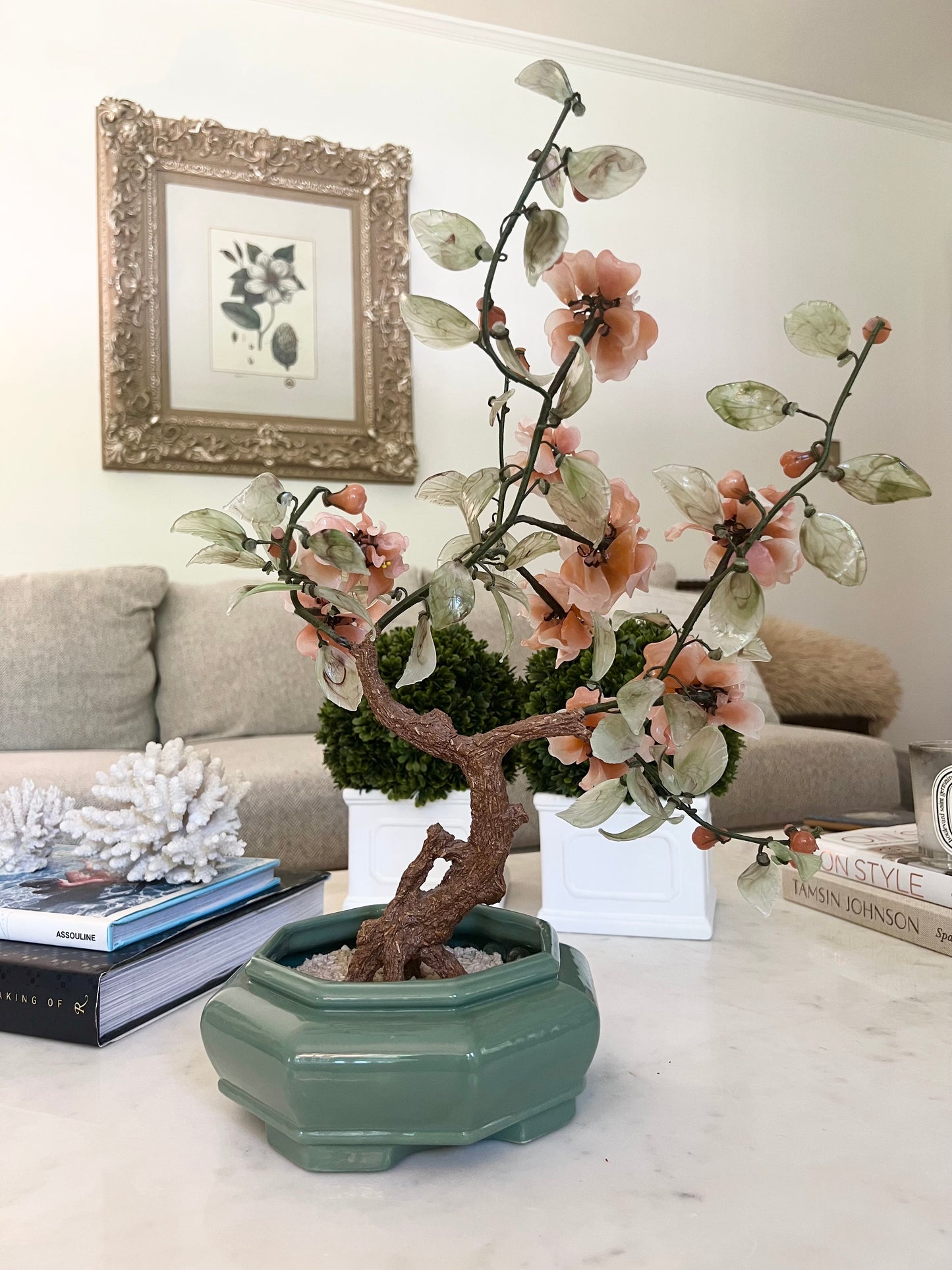 Stunning Large Vintage Chinoiserie Coral Jade Tree 20” x 15”