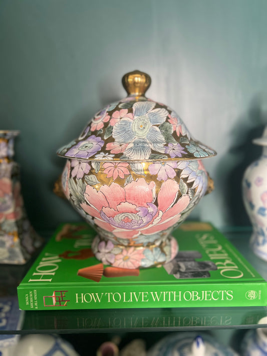 Vintage Macau Chinoiserie Golden Mille Fleurs Peony Lidded Compote Jar