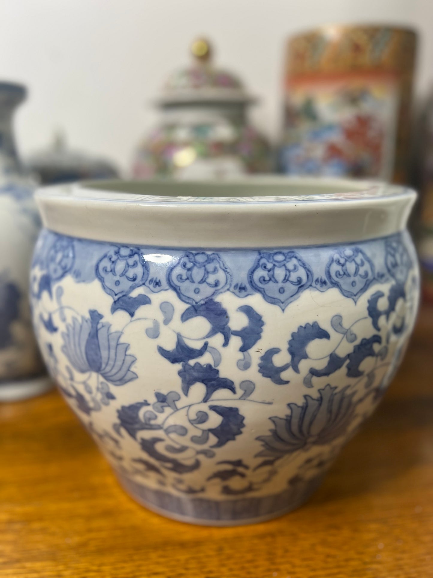 Beautiful Classic Vintage Blue and White Large Fishbowl Planter Cachepot