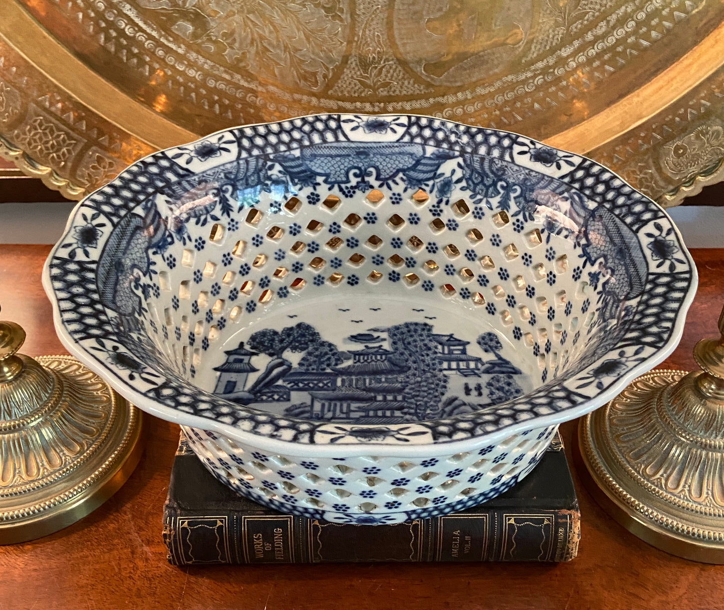 Blue & White Chinoiserie Reticulated Porcelain Basket by United Wilson 1897