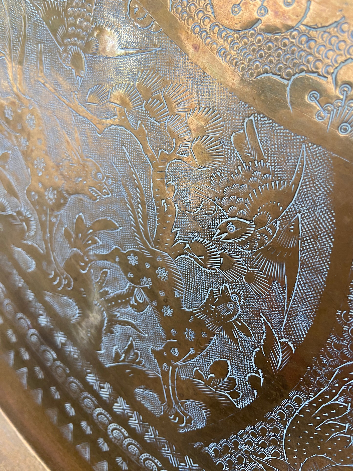 Large Vintage Asian Engraved Brass Tray, 29 3/4" Diameter