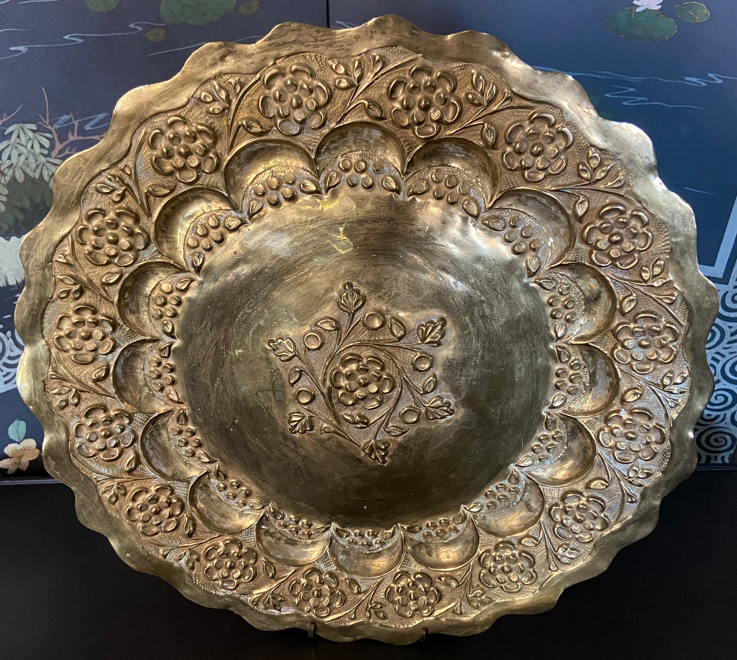 Mid-Century Scalloped Brass Repousse Tray