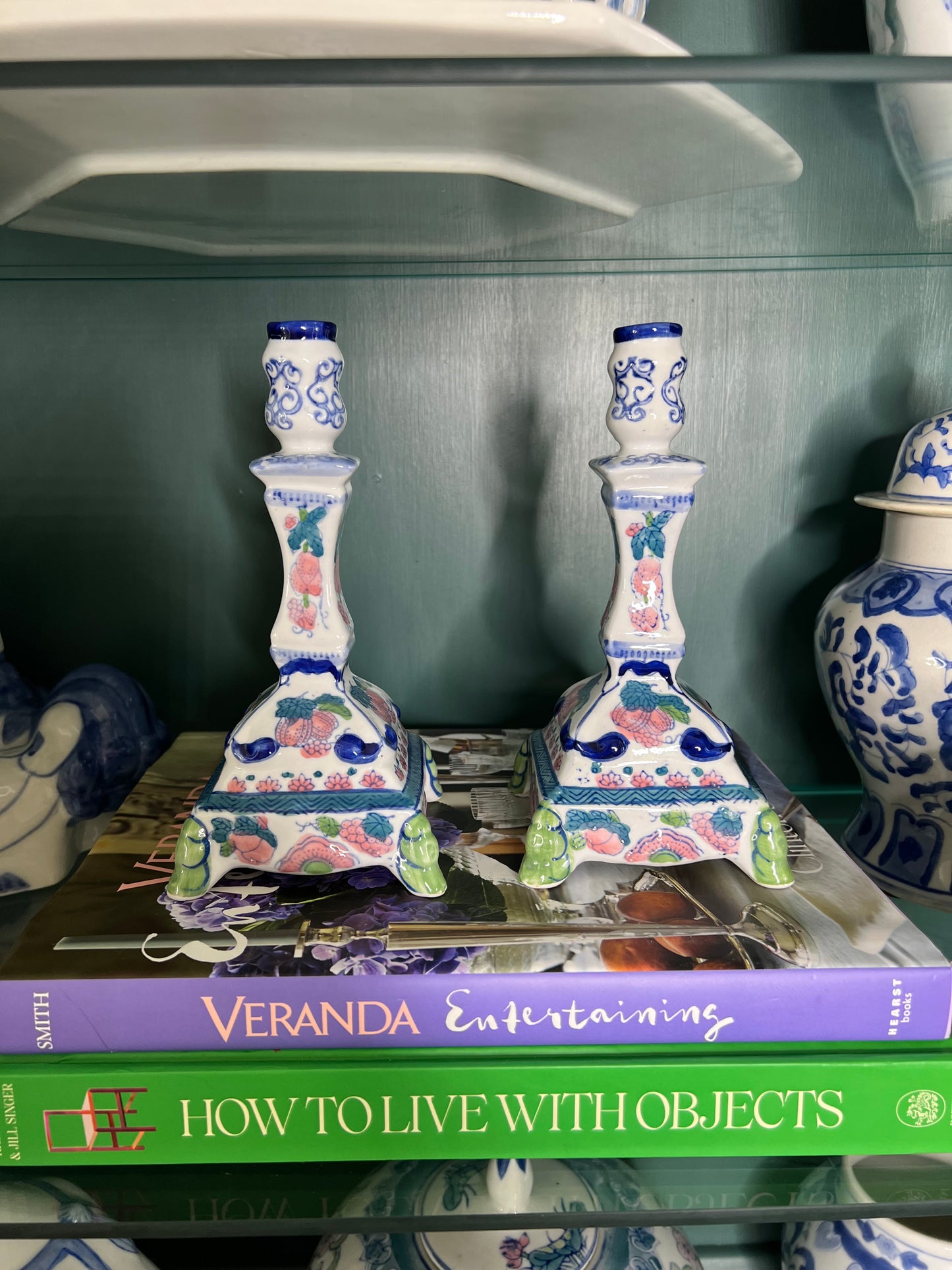 Stunning Pair of Vintage Chinoiserie Blue and White Candlesticks, 7 7/8” tall and 3.5” wide - Pristine!