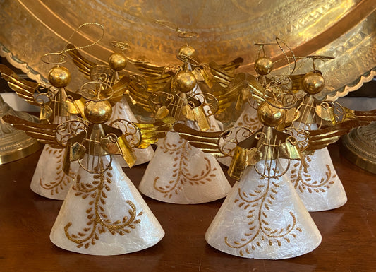 Vintage Gold Florentine Style Capiz Shell Angel Ornaments