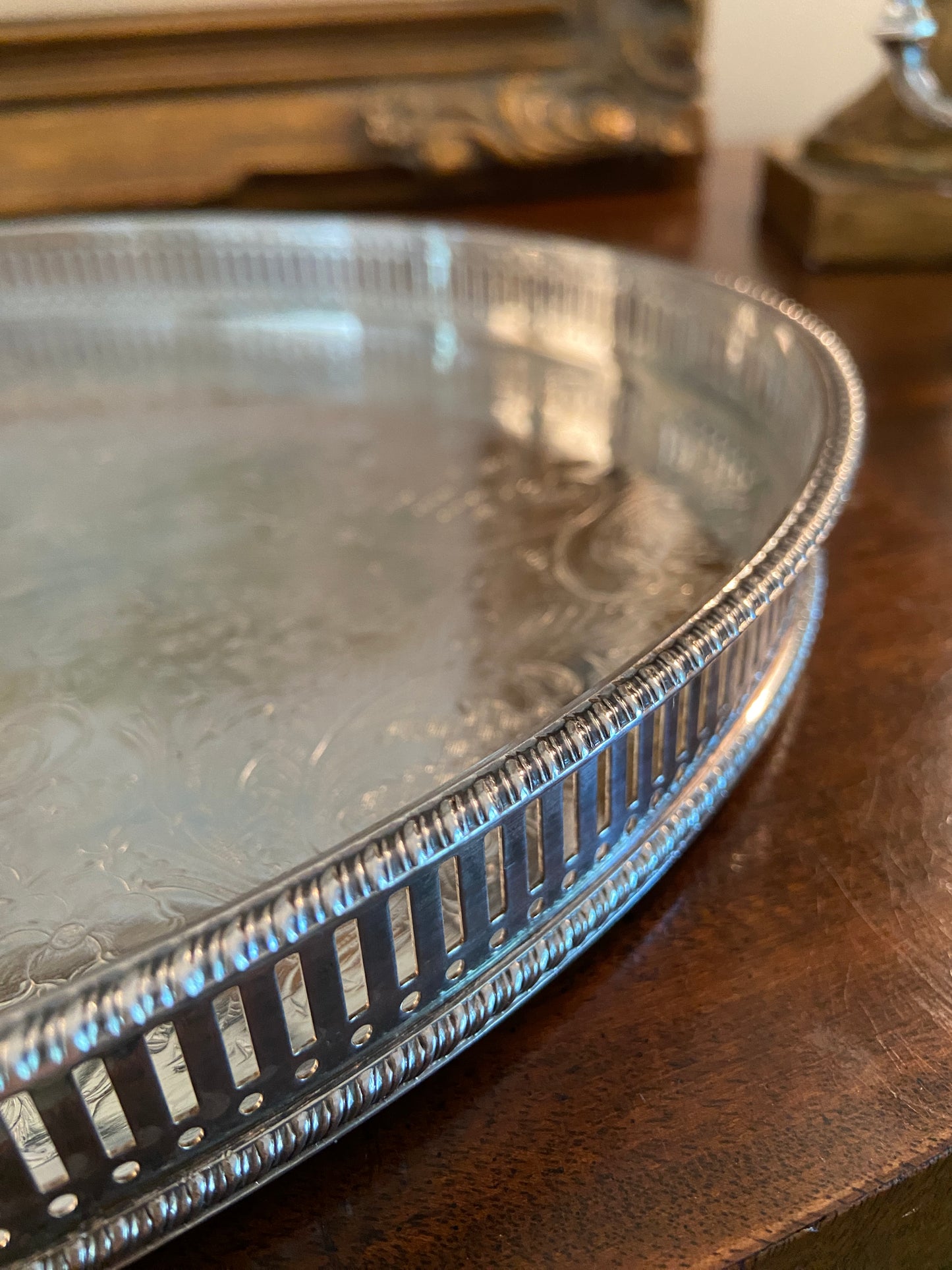 Vintage English Sheffield Silver Plate Gallery Tray, 18ʺW × 12ʺD × 1.25ʺH