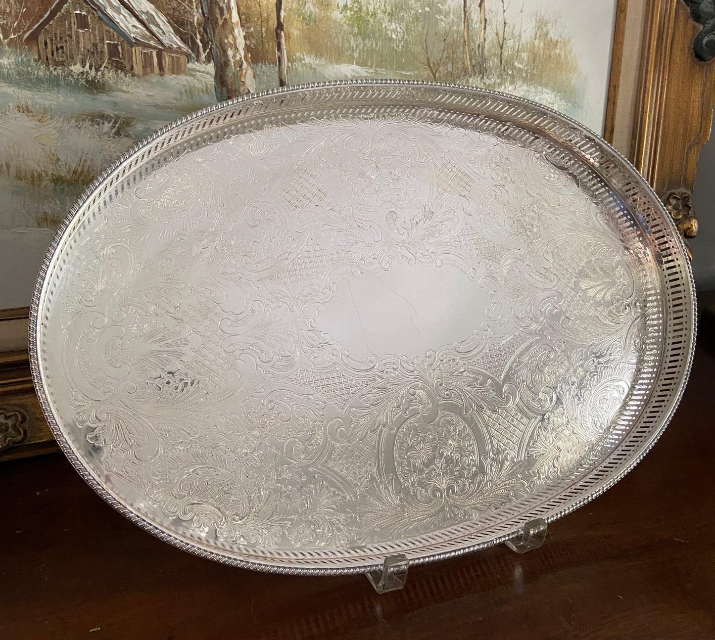 Vintage English Sheffield Silver Plate Gallery Tray, 18ʺW × 12ʺD × 1.25ʺH