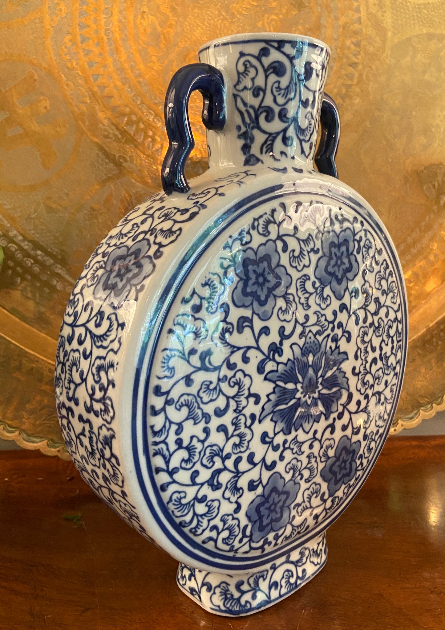 Large Blue & White Chinoiserie Moon Flask Vase, 12.5"H x 9"W x 3"D”