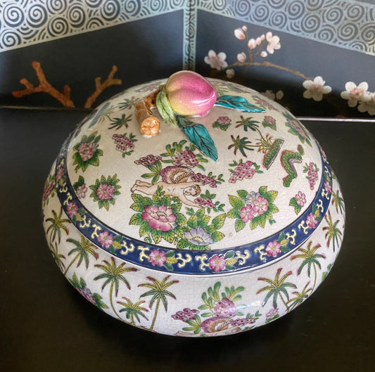 Large Chinoiserie Porcelain Covered Centerpiece Bowl w/ Pomegranate Handle