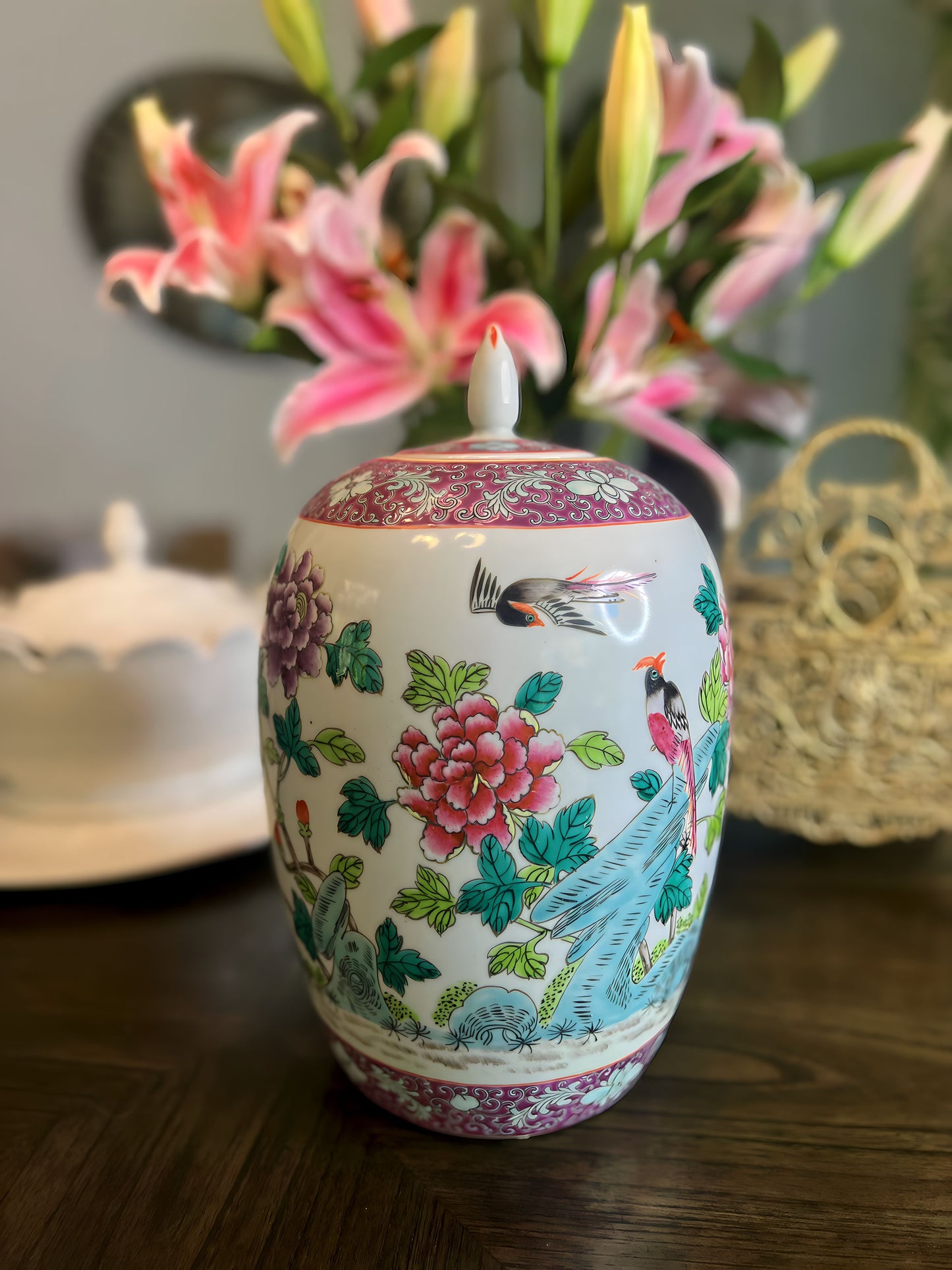 Large Vintage Maitland Smith Floral and Butterflies Ginger Jar, 14” Tall - Pristine!