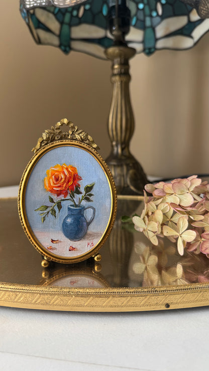 Day 16 Original oil painting yellow rose in blue pitcher