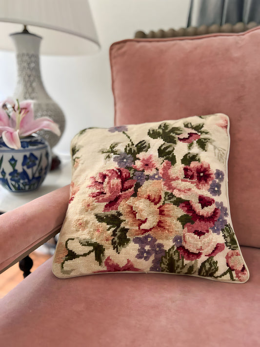 Beautiful Vintage Floral Needlepoint Pillow 12” x 12”