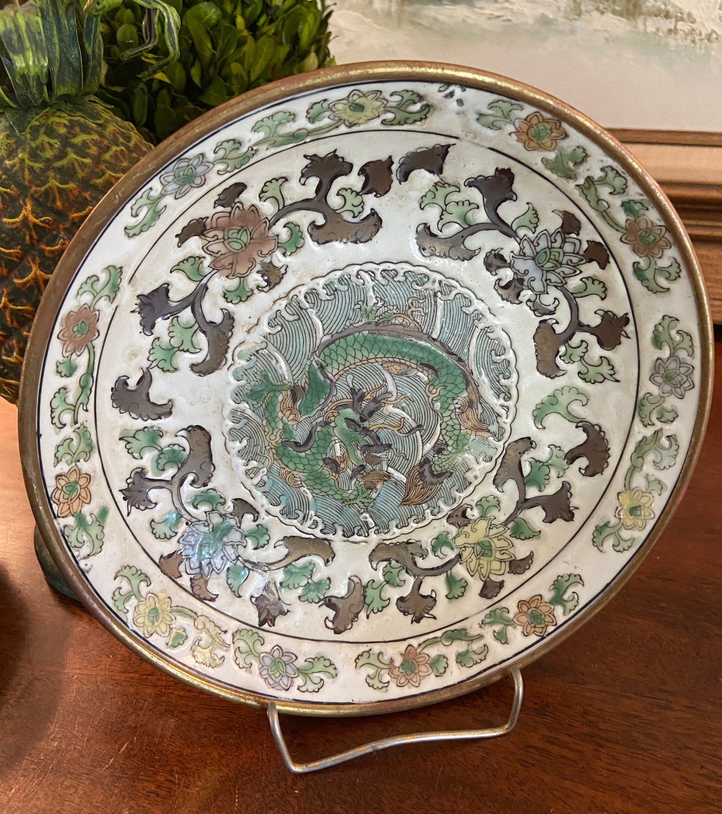 Vintage Chinoiserie Porcelain & Brass Bowl