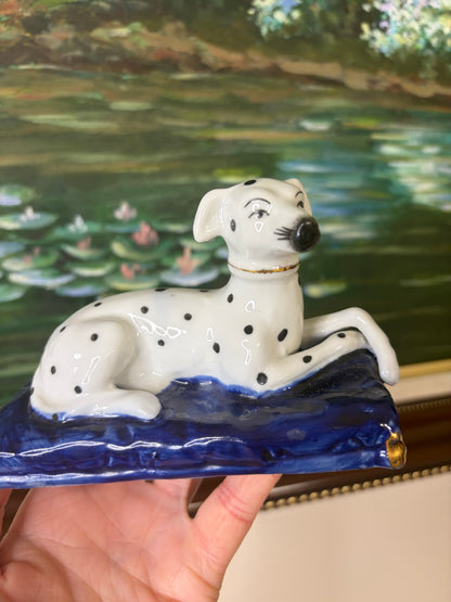 Sweetest Dalmatian dog with crossed paws on cobalt pillow!