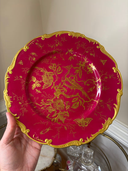 Stunning Copeland Spode maroon and gold plate featuring birds! As is!