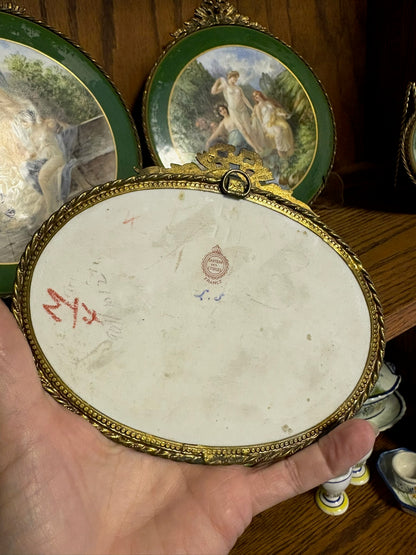 WCCR Charitable Item #158B | Antique Limoges Hand-Painted Porcelain Oval Plaque with Ormolu Mount | Romantic Scene | 6.5" x 5.5"
