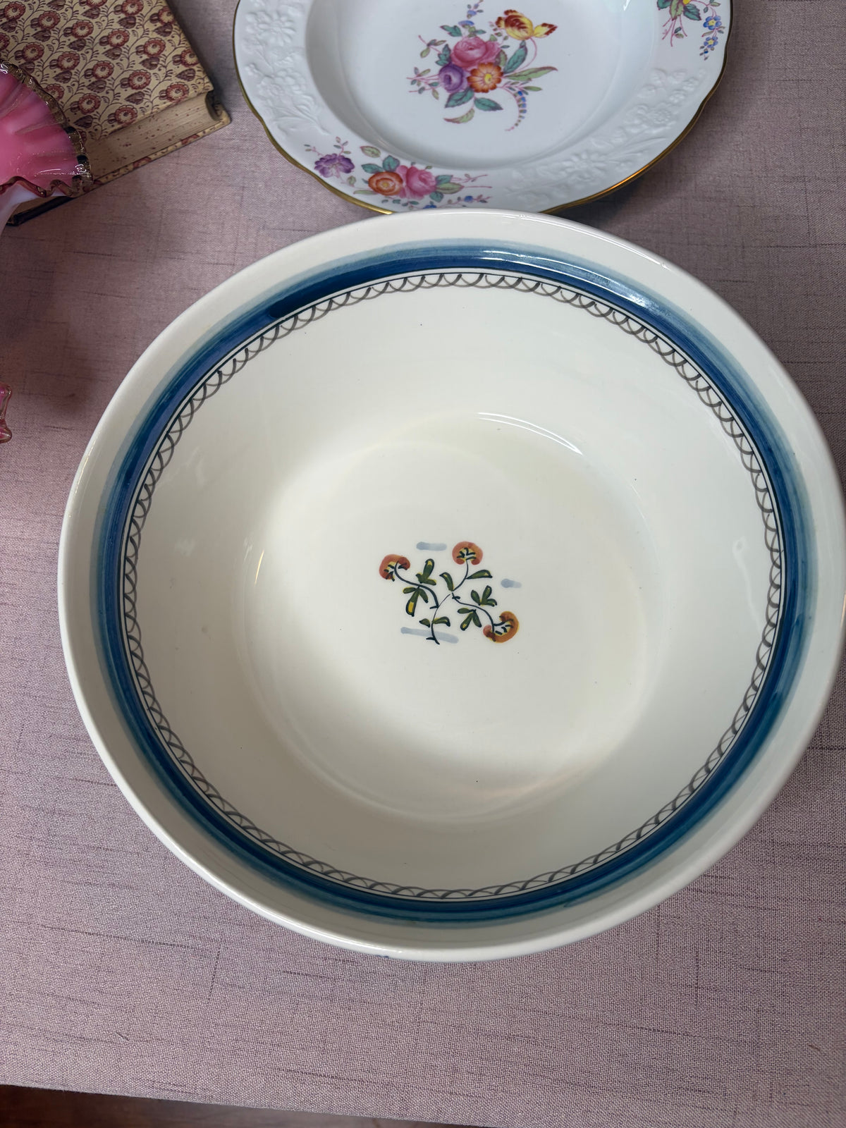 Beautiful Portugal handpainted pottery bowl featuring a peacock, deer, and dog!