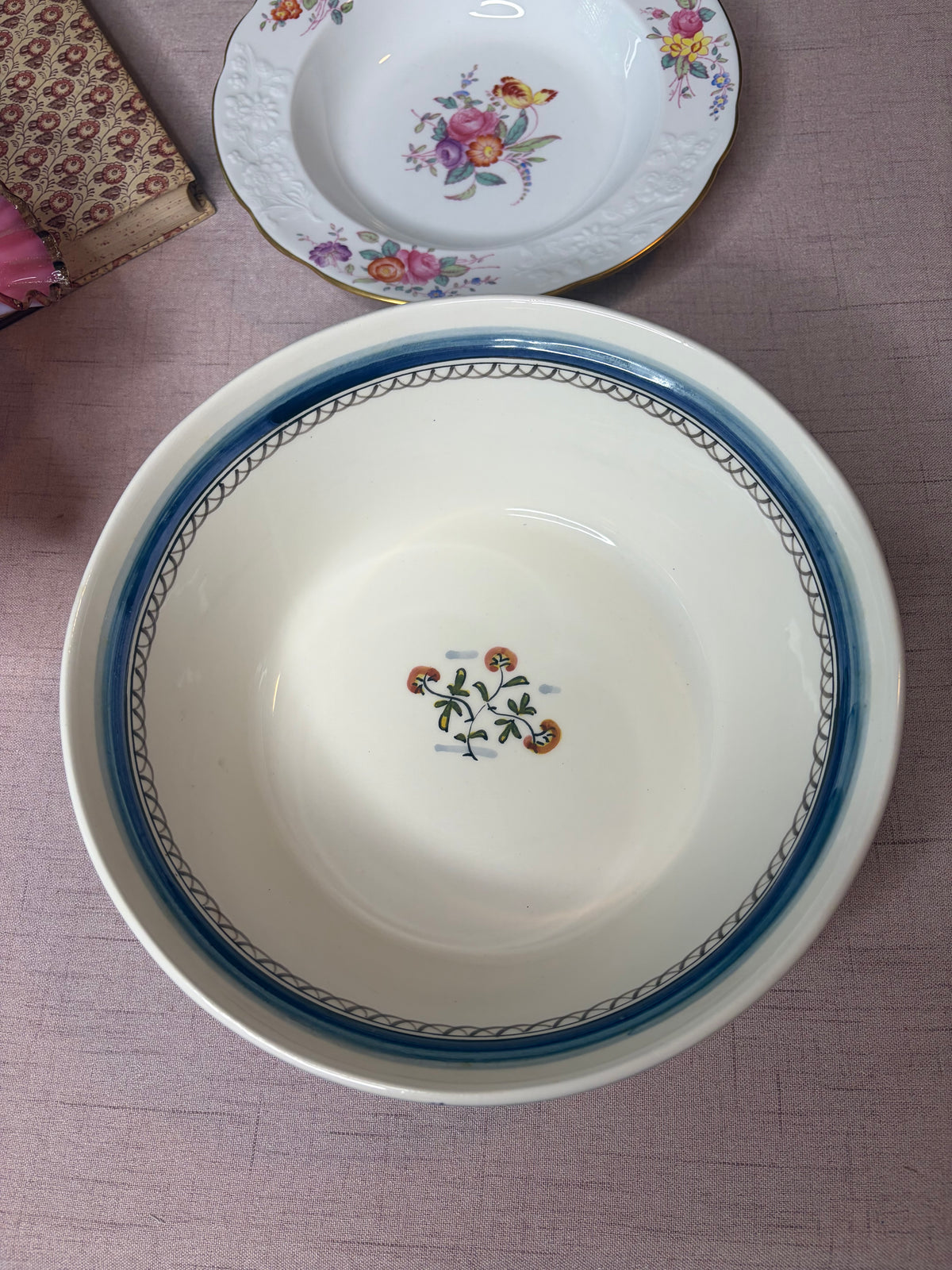 Beautiful Portugal handpainted pottery bowl featuring a peacock, deer, and dog!
