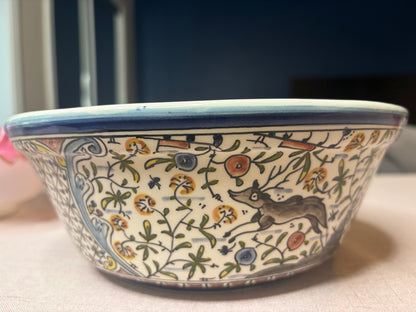 Beautiful Portugal handpainted pottery bowl featuring a peacock, deer, and dog!