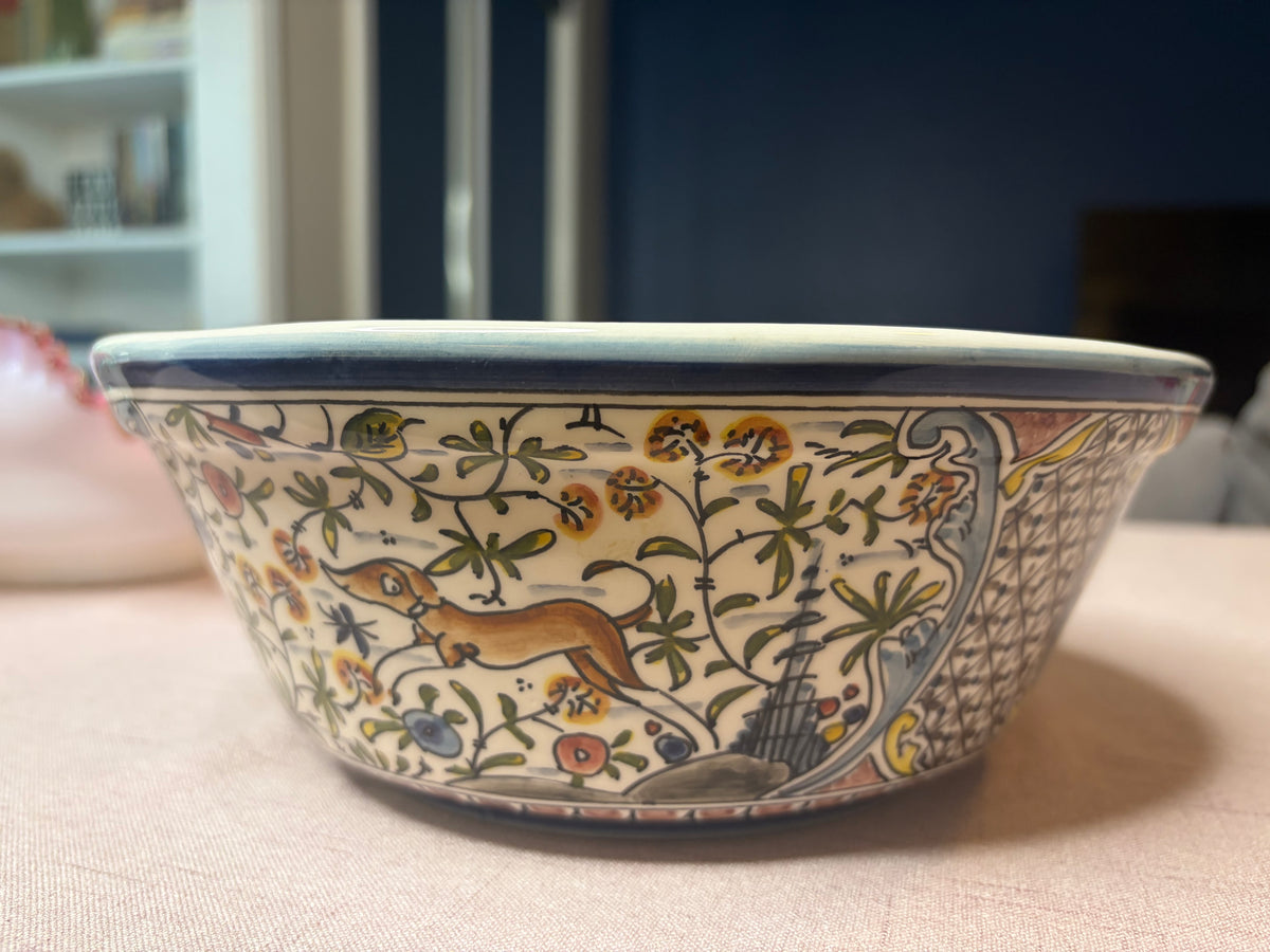 Beautiful Portugal handpainted pottery bowl featuring a peacock, deer, and dog!