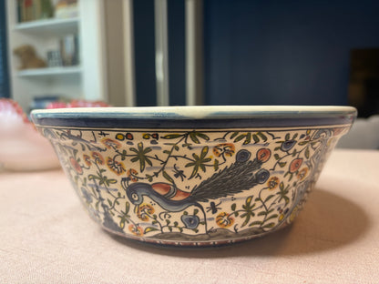 Beautiful Portugal handpainted pottery bowl featuring a peacock, deer, and dog!