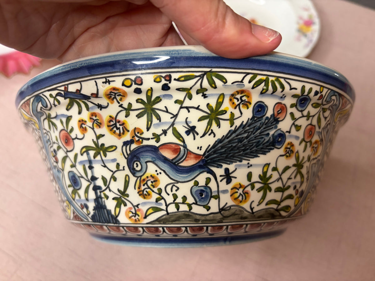 Beautiful Portugal handpainted pottery bowl featuring a peacock, deer, and dog!