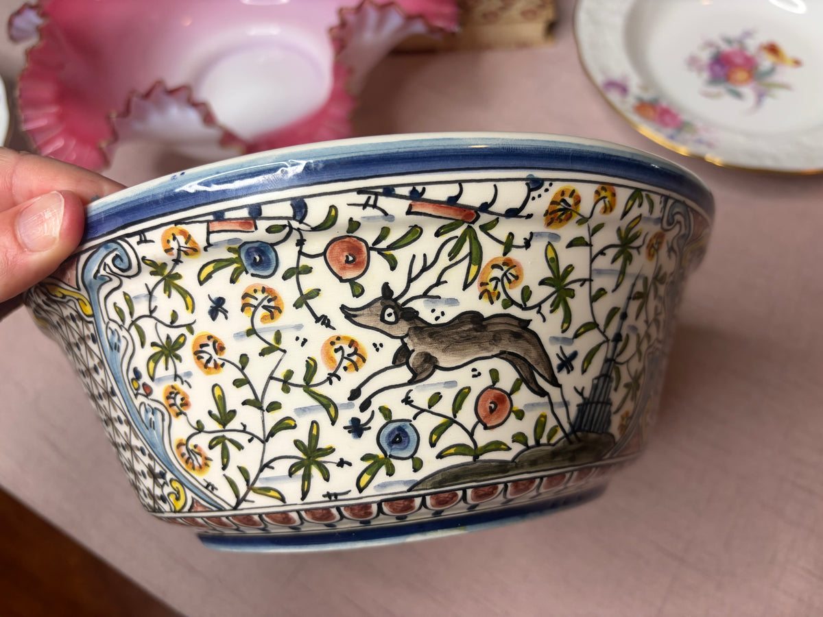 Beautiful Portugal handpainted pottery bowl featuring a peacock, deer, and dog!