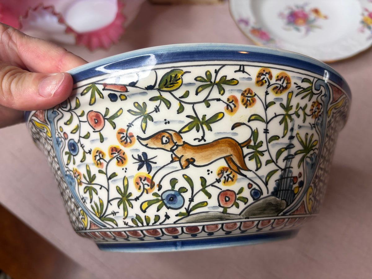 Beautiful Portugal handpainted pottery bowl featuring a peacock, deer, and dog!